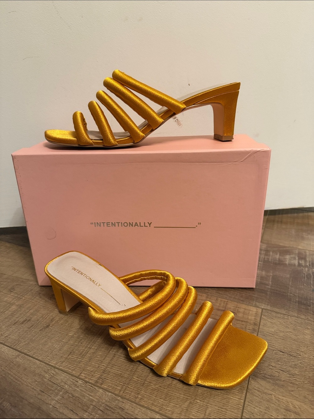 INTENTIONALLY BLANK Gold Metallic Strappy Mid-Heel Mules